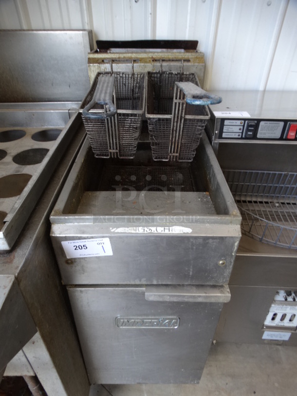 NICE! Imperial Model IFS-40 Stainless Steel Commercial Floor Style Propane Gas Powered Deep Fat Fryer w/ 2 Metal Fry Baskets. 15.5x31x46
