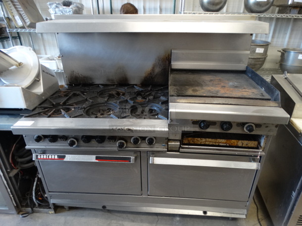 GREAT! Garland Stainless Steel Commercial Gas Powered 6 Burner Range w/ Right Side Flat Top Griddle, 2 Lower Ovens and Overshelf. 60x33x60