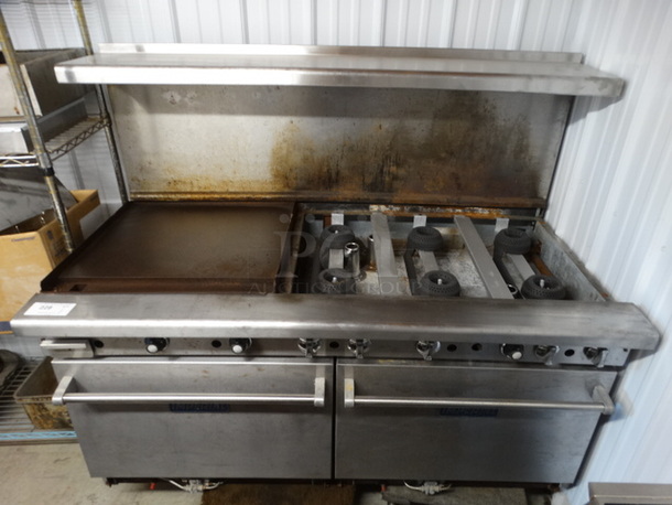 WOW! Imperial Stainless Steel Commercial Gas Powered 6 Burner Range w/ Left Side Flat Top Griddle, 2 Lower Ovens and Overshelf. Missing Range Grates. Does Not Come w/ Furniture Dollies in Pictures. 60x32x57