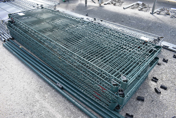 ALL ONE MONEY! Lot of 8 Green Finish Metro Shelves and 4 Poles! 60x18x1.5, 75