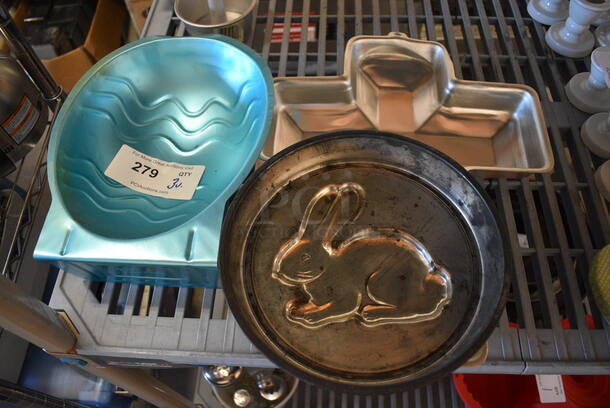 3 Various Metal Baking Pans; Cross, Bunny and Egg. Includes 9x11.5x3.5. 3 Times Your Bid!