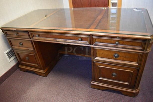 BEAUTIFUL! Hooker Brand Desk With 6 Drawers And Glass Top. 72x33x31 - Image 1 of 9