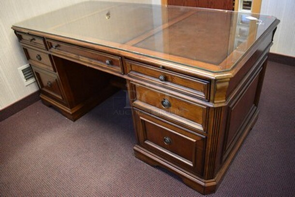 BEAUTIFUL! Hooker Brand Desk With 6 Drawers And Glass Top. 72x33x31 - Image 2 of 9