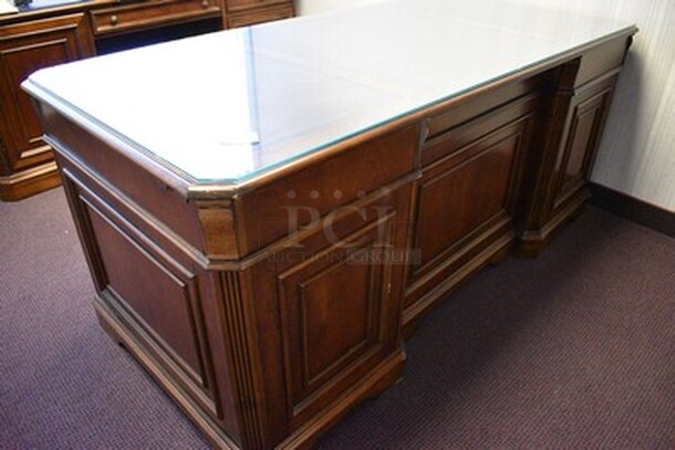 BEAUTIFUL! Hooker Brand Desk With 6 Drawers And Glass Top. 72x33x31 - Image 3 of 9