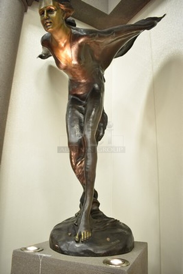ONE OF A KIND! Solid Bronze Rolls Royce Emblem "Spirit of Ecstasy" Statue With Charles Sykes Autograph On Custom Light-Up Base. 24x24x111. Tested and Working! - Image 3 of 10