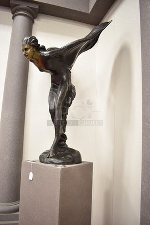 ONE OF A KIND! Solid Bronze Rolls Royce Emblem "Spirit of Ecstasy" Statue With Charles Sykes Autograph On Custom Light-Up Base. 24x24x111. Tested and Working! - Image 9 of 10