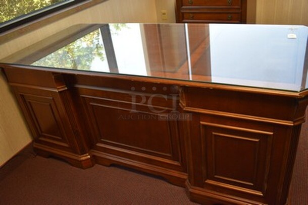 BEAUTIFUL! Hooker Brand Desk With 6 Drawers And Glass Top. 72x33x31 - Image 1 of 10