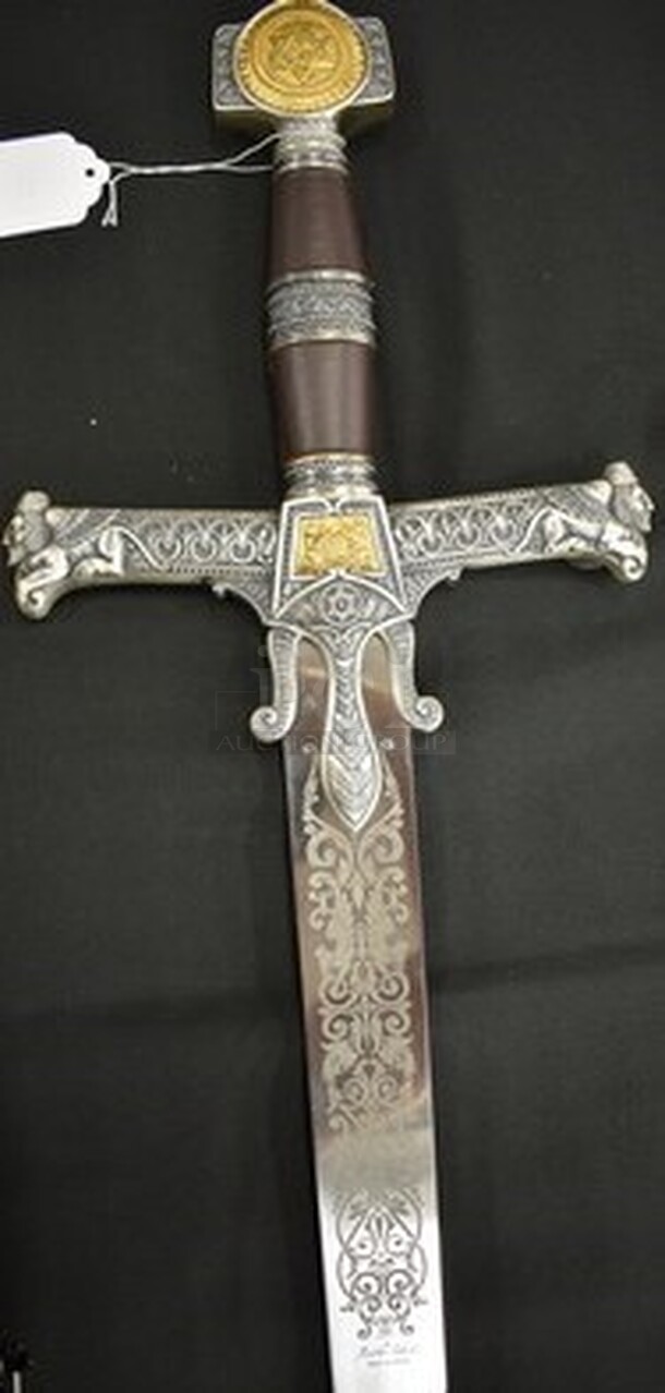 AMAZING! King Solomon Sword Silver by Marto-Toledo. Judaic symbols: Star of David , Lions of Judea and the Ark of the Covenant. Stainless Steel Blade with Judaic Etchings, 24K Gold Medallions. Ancient Judaic Sword. 47x1x9. - Image 1 of 7
