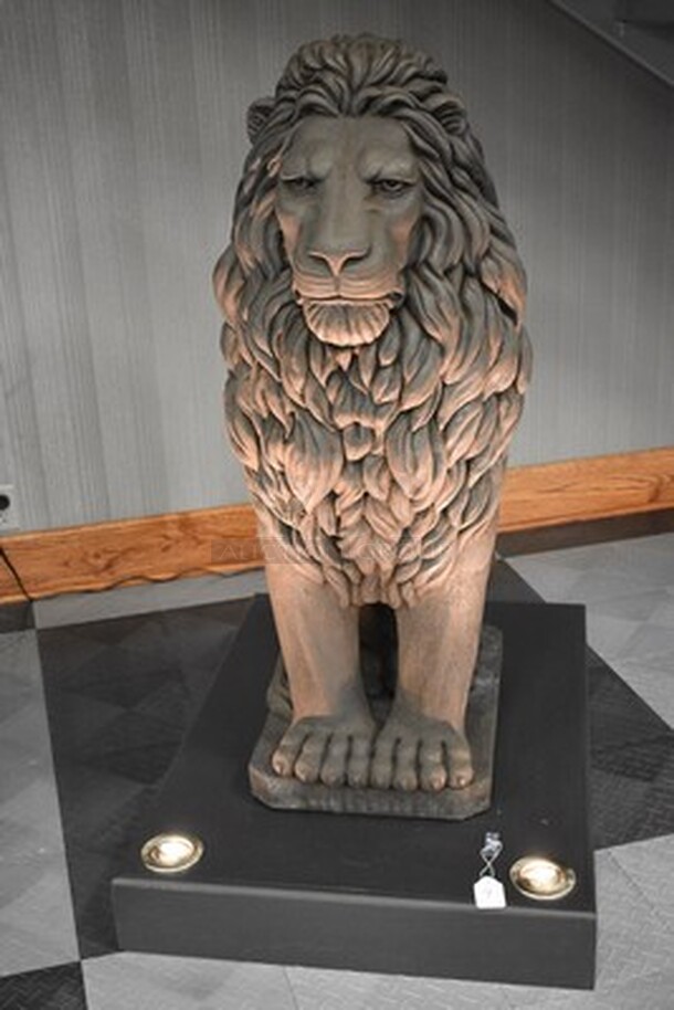 GORGEOUS! Concrete Lion Statue On Black Platform With 2 Lights. 55x29.5x111. Tested and Working! - Image 1 of 10
