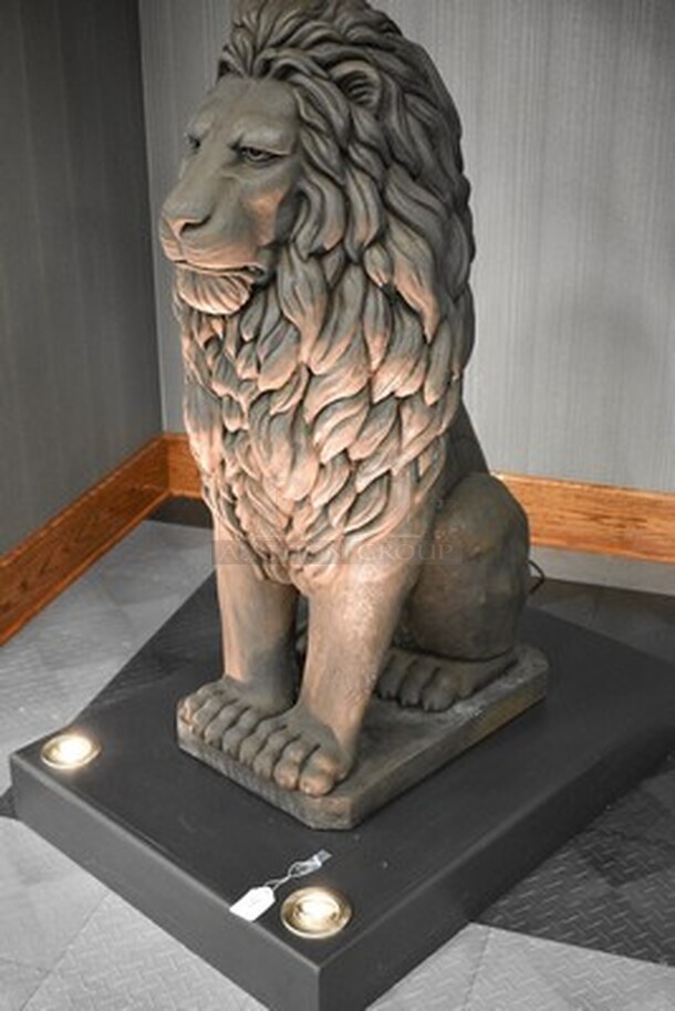 GORGEOUS! Concrete Lion Statue On Black Platform With 2 Lights. 55x29.5x111. Tested and Working! - Image 2 of 10