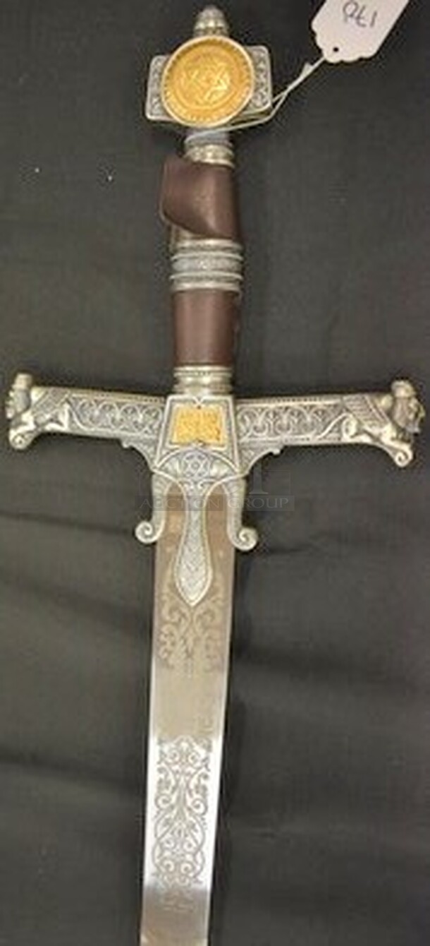 AMAZING! King Solomon Sword Silver by Marto-Toledo. Judaic symbols: Star of David , Lions of Judea and the Ark of the Covenant. Stainless Steel Blade with Judaic Etchings, 24K Gold Medallions. Ancient Judaic Sword. 47x1x9. - Image 1 of 12