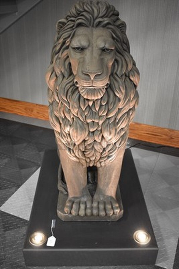 GORGEOUS! Concrete Lion Statue On Black Platform With 2 Lights. 55x29.5x111. Tested and Working! - Image 1 of 10
