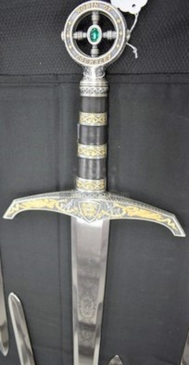AMAZING! Robin Hood Sword. Sword of Robin of Locksley. Luxury Collectible Medieval Sword of the King of Thieves. Silver and 24K Gold Plated, Genuine Leather, Green Stone. 47x1x9. - Image 1 of 10