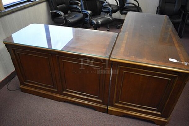 BEAUTIFUL! Hooker Furniture Brookhaven L Shaped Desk With 5 Drawers and Pull Out Printer Drawer With Glass Table Top. Small Section 49x24.5x31. Large Section 67x28x31. - Image 2 of 10
