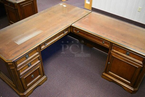 BEAUTIFUL! Hooker Furniture Brookhaven L Shaped Desk With 5 Drawers and Pull Out Printer Drawer With Glass Table Top. Small Section 49x24.5x31. Large Section 67x28x31. - Image 4 of 10