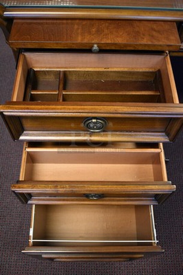 BEAUTIFUL! Hooker Furniture Brookhaven L Shaped Desk With 5 Drawers and Pull Out Printer Drawer With Glass Table Top. Small Section 49x24.5x31. Large Section 67x28x31. - Image 5 of 10