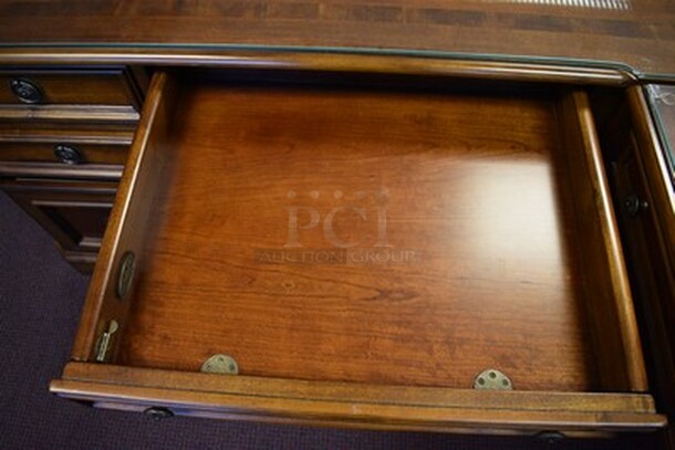 BEAUTIFUL! Hooker Furniture Brookhaven L Shaped Desk With 5 Drawers and Pull Out Printer Drawer With Glass Table Top. Small Section 49x24.5x31. Large Section 67x28x31. - Image 7 of 10
