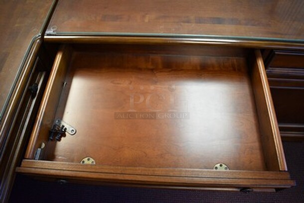 BEAUTIFUL! Hooker Furniture Brookhaven L Shaped Desk With 5 Drawers and Pull Out Printer Drawer With Glass Table Top. Small Section 49x24.5x31. Large Section 67x28x31. - Image 8 of 10