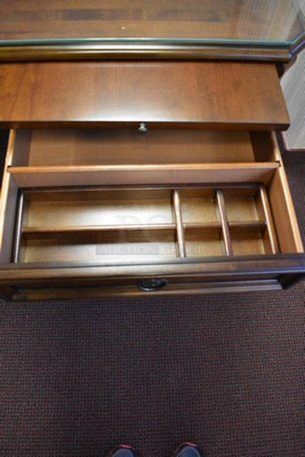 BEAUTIFUL! Hooker Furniture Brookhaven L Shaped Desk With 5 Drawers and Pull Out Printer Drawer With Glass Table Top. Small Section 49x24.5x31. Large Section 67x28x31. - Image 10 of 10