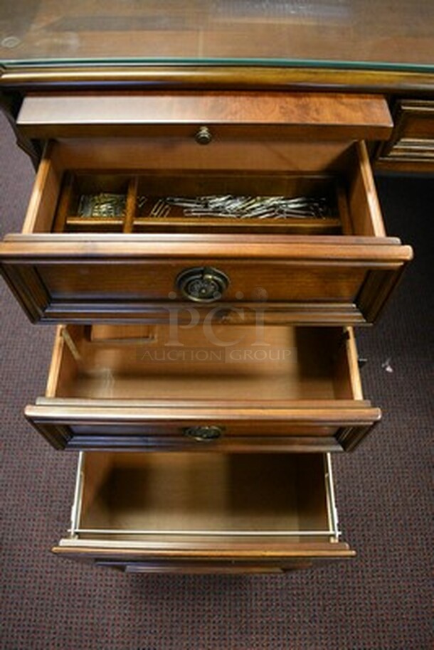 BEAUTIFUL! Hooker Furniture Brookhaven L Shaped Desk With 5 Drawers and Pull Out Printer Drawer With Glass Table Top. Small Section 49x24.5x31. Large Section 67x28x31. - Image 7 of 12