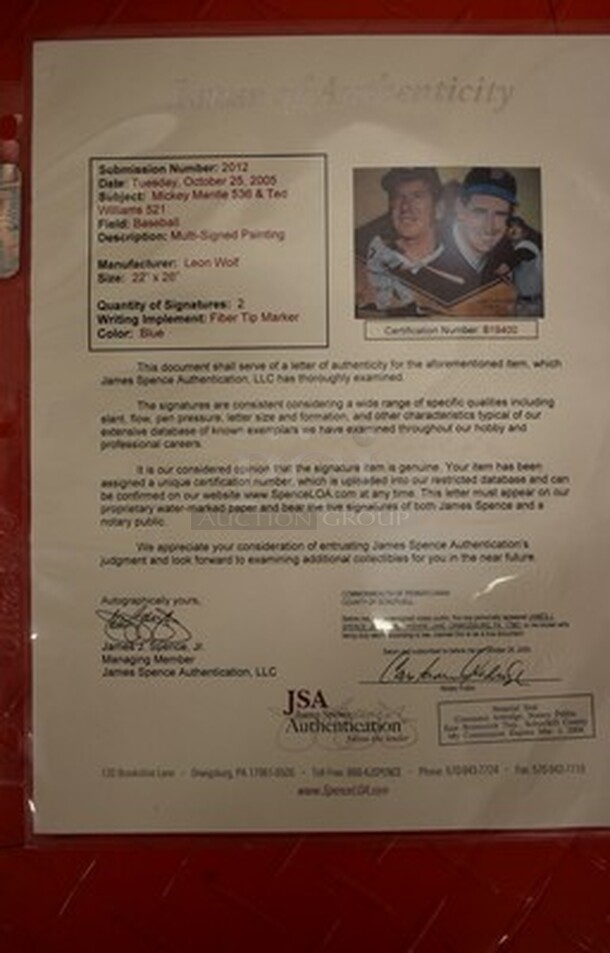 EXQUISITE! Leon Wolf Manufactured Painting of Mickey Mantle and Ted Williams. Painting signed by Leon Wolf, Mickey Mantle, and Ted Williams. Comes With Letter of Authenticity!  - Image 10 of 12