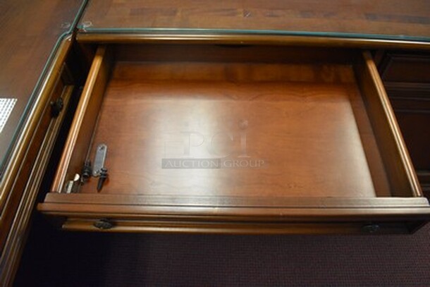 BEAUTIFUL! Hooker Furniture Brookhaven L Shaped Desk With 5 Drawers and Pull Out Printer Drawer With Glass Table Top. Small Section 49x24.5x31. Large Section 67x28x31. - Image 10 of 12