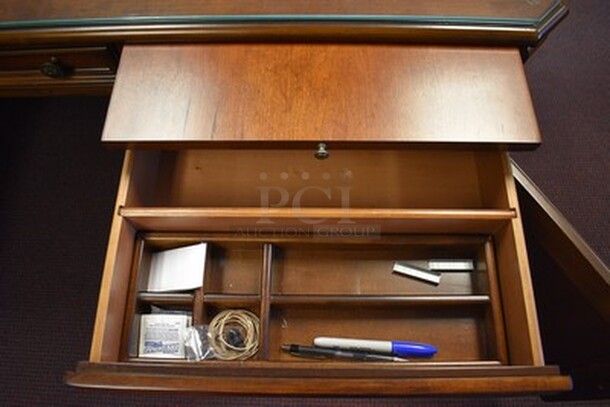 BEAUTIFUL! Hooker Furniture Brookhaven L Shaped Desk With 5 Drawers and Pull Out Printer Drawer With Glass Table Top. Small Section 49x24.5x31. Large Section 67x28x31. - Image 12 of 12