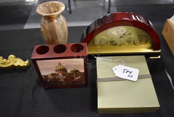 Lot Of Various Office Decor. Includes Clock, Pencil Holder, and Calculator. All In One Money!