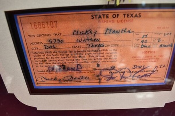 RARE! Shadow Box Containing Mickey Mantle's Fishing Lure Bought From Mickey Mantle Estate Sale, Reproduction of Mickey Mantle Fishing License and Picture of Mickey Mantle. Comes with Certificate of Authenticity! - Image 5 of 11