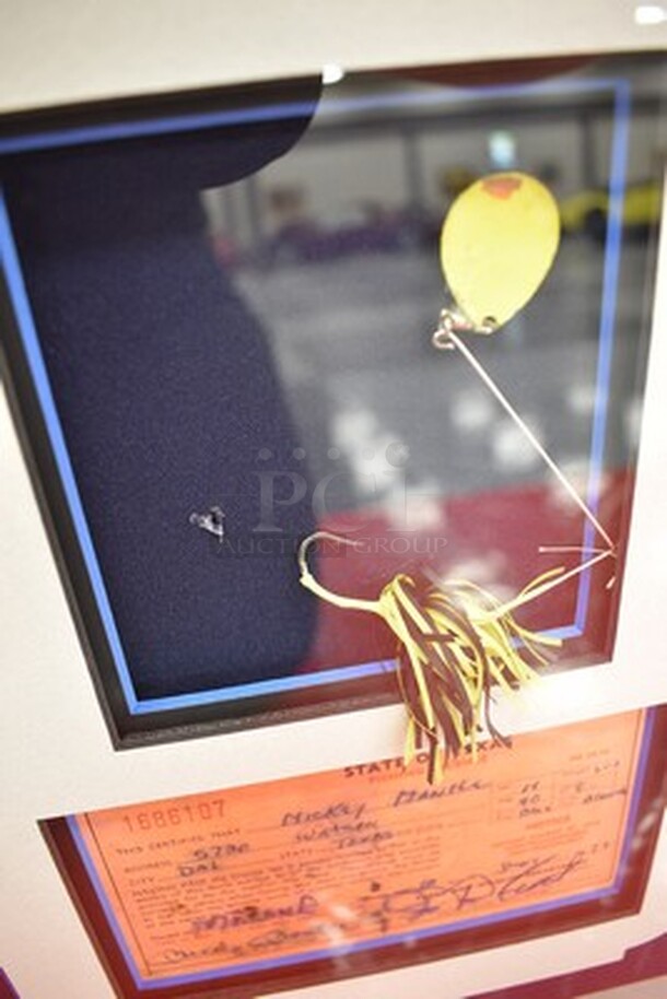 RARE! Shadow Box Containing Mickey Mantle's Fishing Lure Bought From Mickey Mantle Estate Sale, Reproduction of Mickey Mantle Fishing License and Picture of Mickey Mantle. Comes with Certificate of Authenticity! - Image 6 of 11