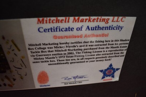 RARE! Shadow Box Containing Mickey Mantle's Fishing Lure Bought From Mickey Mantle Estate Sale, Reproduction of Mickey Mantle Fishing License and Picture of Mickey Mantle. Comes with Certificate of Authenticity! - Image 11 of 11