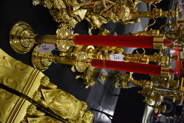 2 Gold Colored Candle Holders With Red Candles! 22 - Image 2 of 4