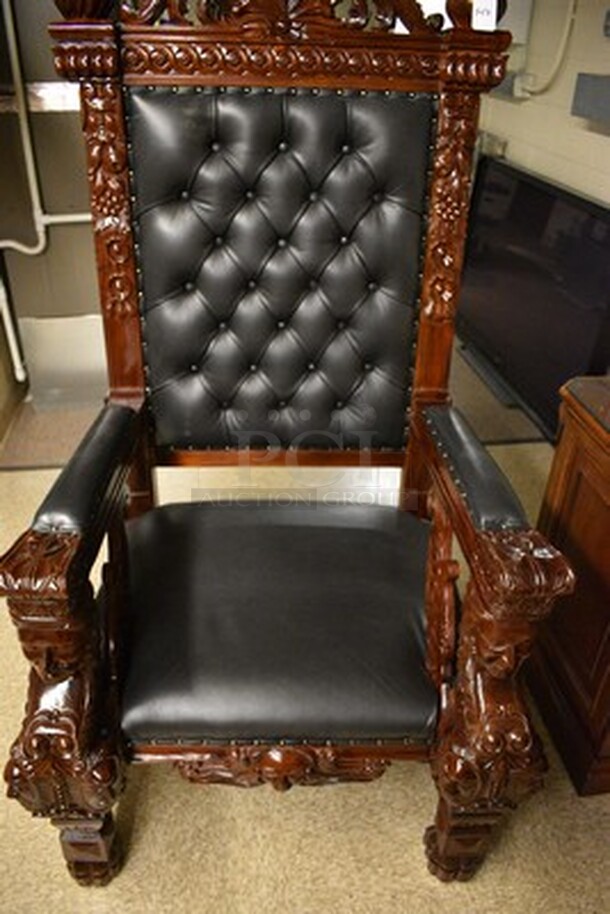 STUNNING! Fitzjames Hand-Carved Solid Mahogany Throne Chair With Black Leather Cushion. Floor To Top Of Seat Measures 19
