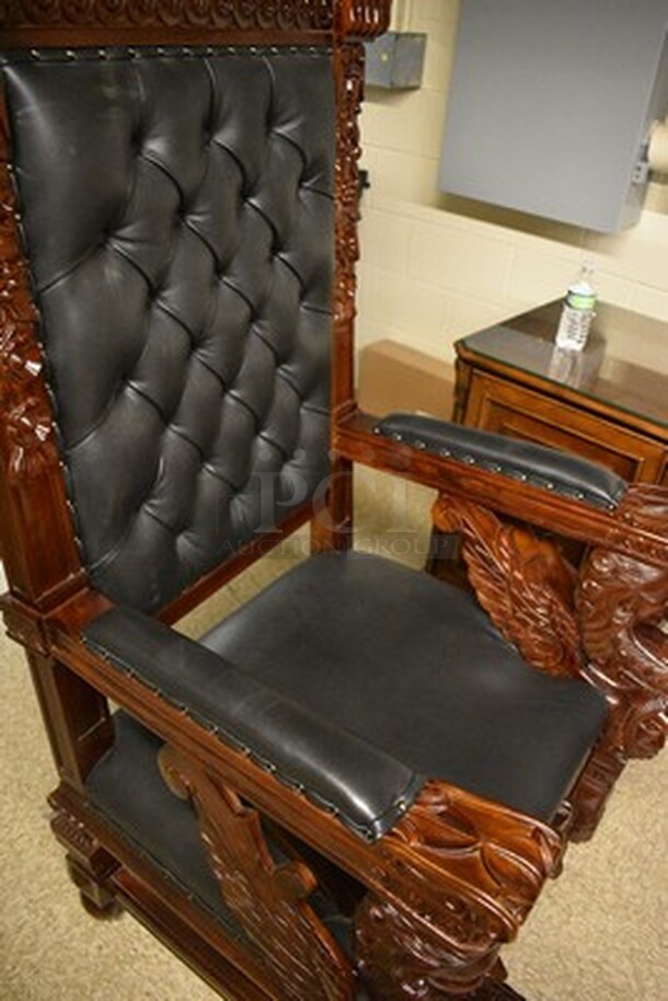 STUNNING! Fitzjames Hand-Carved Solid Mahogany Throne Chair With Black Leather Cushion. Floor To Top Of Seat Measures 19" and Seat Depth 26".36x31x69 - Image 2 of 11