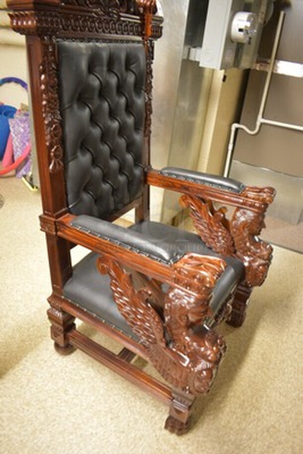STUNNING! Fitzjames Hand-Carved Solid Mahogany Throne Chair With Black Leather Cushion. Floor To Top Of Seat Measures 19" and Seat Depth 26".36x31x69 - Image 3 of 11