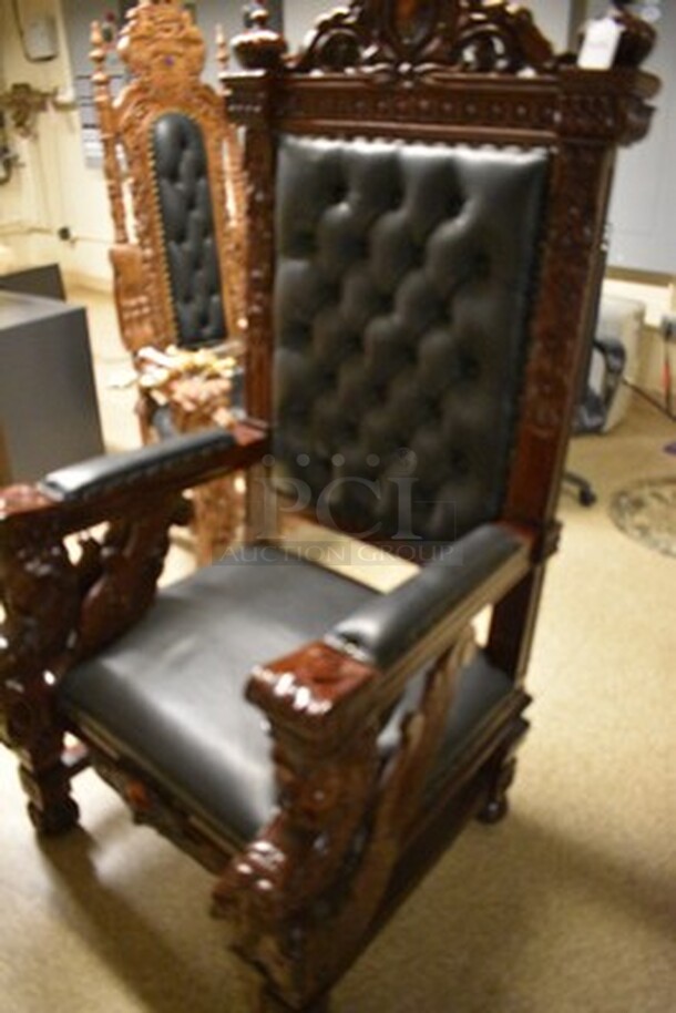 STUNNING! Fitzjames Hand-Carved Solid Mahogany Throne Chair With Black Leather Cushion. Floor To Top Of Seat Measures 19" and Seat Depth 26".36x31x69 - Image 4 of 11