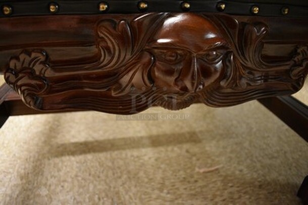STUNNING! Fitzjames Hand-Carved Solid Mahogany Throne Chair With Black Leather Cushion. Floor To Top Of Seat Measures 19" and Seat Depth 26".36x31x69 - Image 6 of 11