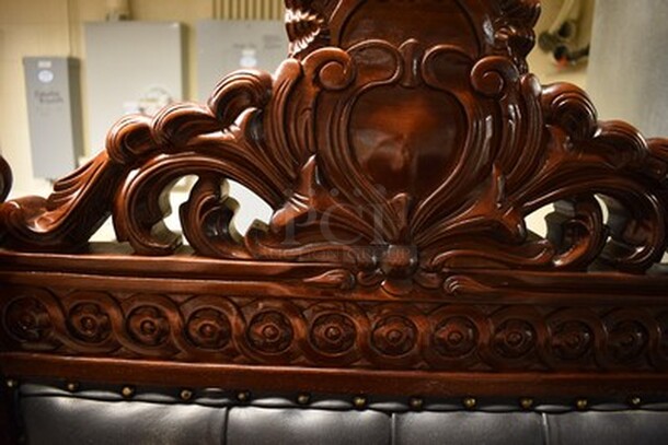 STUNNING! Fitzjames Hand-Carved Solid Mahogany Throne Chair With Black Leather Cushion. Floor To Top Of Seat Measures 19" and Seat Depth 26".36x31x69 - Image 8 of 11