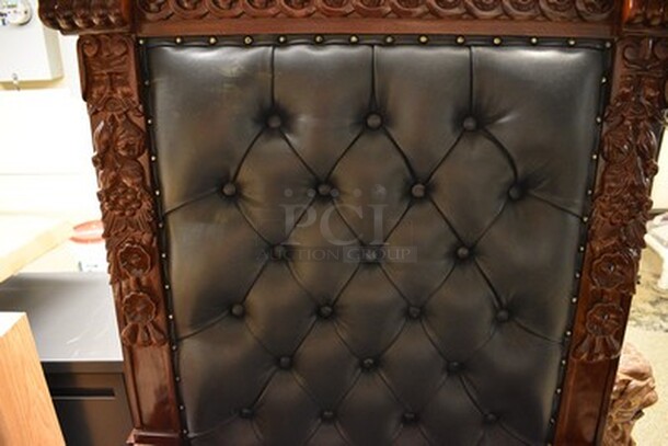 STUNNING! Fitzjames Hand-Carved Solid Mahogany Throne Chair With Black Leather Cushion. Floor To Top Of Seat Measures 19" and Seat Depth 26".36x31x69 - Image 9 of 11