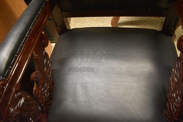 STUNNING! Fitzjames Hand-Carved Solid Mahogany Throne Chair With Black Leather Cushion. Floor To Top Of Seat Measures 19" and Seat Depth 26".36x31x69 - Image 10 of 11