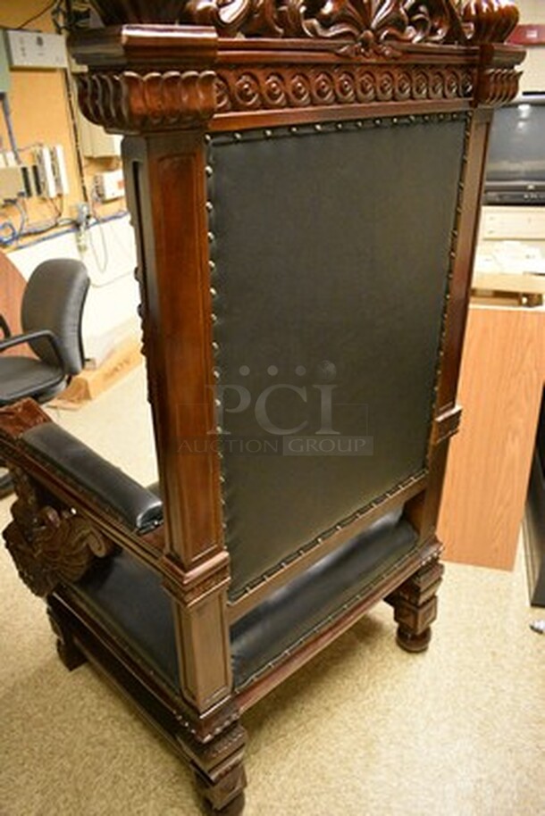 STUNNING! Fitzjames Hand-Carved Solid Mahogany Throne Chair With Black Leather Cushion. Floor To Top Of Seat Measures 19" and Seat Depth 26".36x31x69 - Image 11 of 11