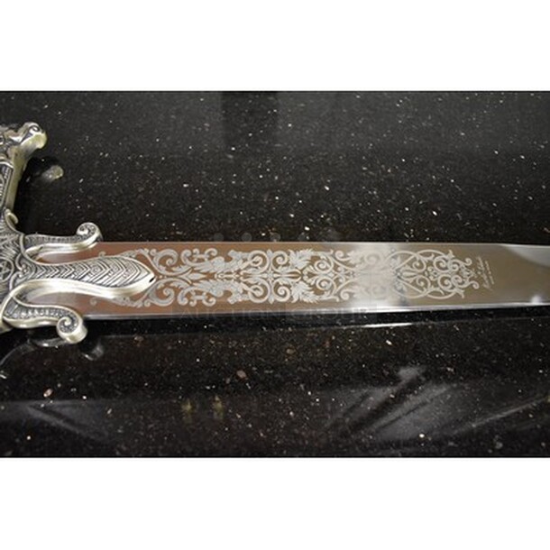 AMAZING! King Solomon Sword Silver by Marto-Toledo. Judaic symbols: Star of David , Lions of Judea and the Ark of the Covenant. Stainless Steel Blade with Judaic Etchings, 24K Gold Medallions. Ancient Judaic Sword. 47x1x9. - Image 2 of 12