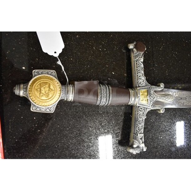 AMAZING! King Solomon Sword Silver by Marto-Toledo. Judaic symbols: Star of David , Lions of Judea and the Ark of the Covenant. Stainless Steel Blade with Judaic Etchings, 24K Gold Medallions. Ancient Judaic Sword. 47x1x9. - Image 11 of 12