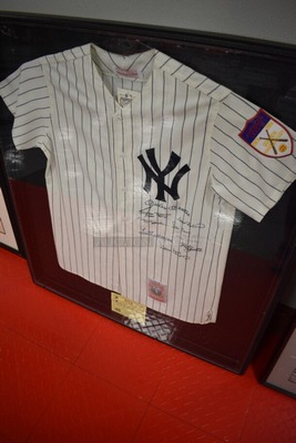 AMAZING! Cooperstown Collection New York Yankee Jersey Autographed by Ted Williams, Mickey Mantle, Eddie Matthews, Reggie Jackson, Frank Robinson, Willie Mays, Harman Killebrew, Mike Schmidt, Hank Aaron, Ernie Banks, and Willie McCovey. 500 Homerun Jersey. Comes with Certificate of Guarantee! 36x2x39 - Image 2 of 12