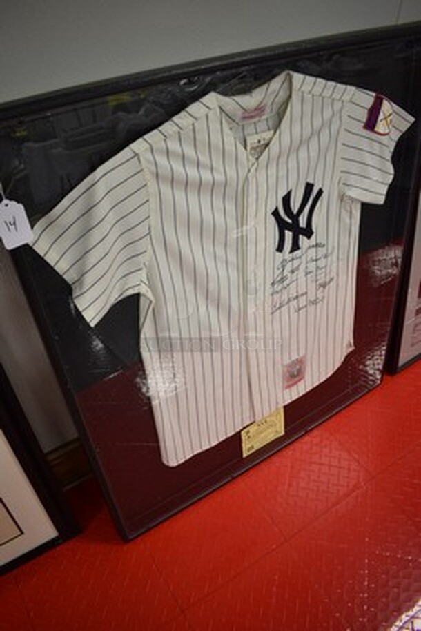 AMAZING! Cooperstown Collection New York Yankee Jersey Autographed by Ted Williams, Mickey Mantle, Eddie Matthews, Reggie Jackson, Frank Robinson, Willie Mays, Harman Killebrew, Mike Schmidt, Hank Aaron, Ernie Banks, and Willie McCovey. 500 Homerun Jersey. Comes with Certificate of Guarantee! 36x2x39 - Image 3 of 12