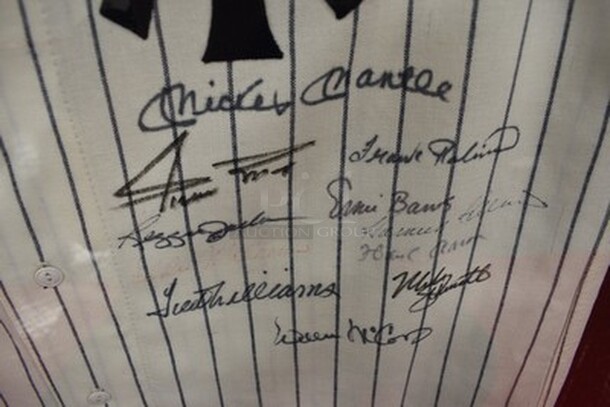 AMAZING! Cooperstown Collection New York Yankee Jersey Autographed by Ted Williams, Mickey Mantle, Eddie Matthews, Reggie Jackson, Frank Robinson, Willie Mays, Harman Killebrew, Mike Schmidt, Hank Aaron, Ernie Banks, and Willie McCovey. 500 Homerun Jersey. Comes with Certificate of Guarantee! 36x2x39 - Image 11 of 12