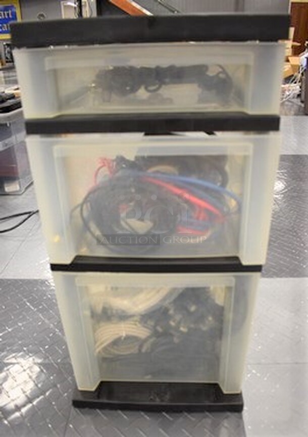 3 Drawer Plastic Storage Bin! Contents Include Various Wires and Belkin Surge Protector! - Image 1 of 4