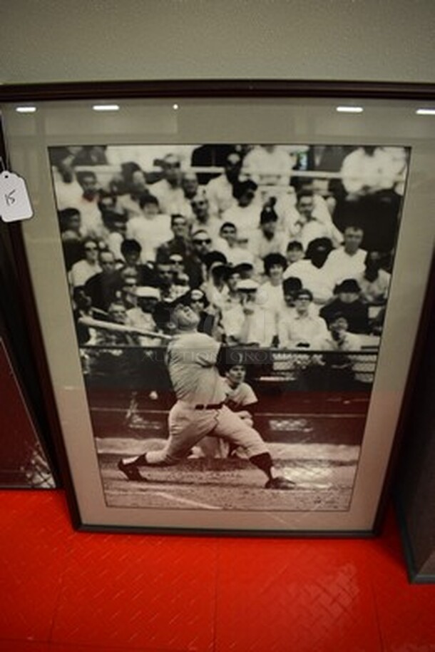Framed Picture of Mickey Mantle Hitting a Homerun! Signed by Mickey Mantle. Comes with Letter of Authenticity. 25x1x32