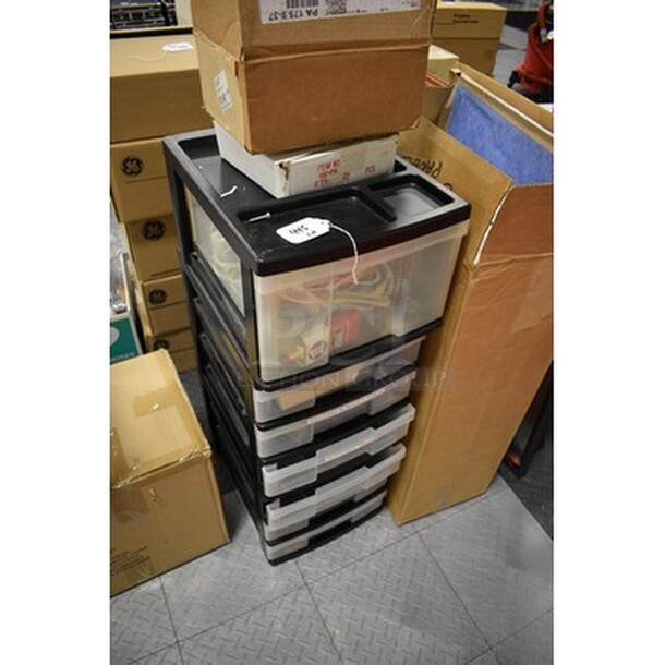 ALL IN ONE MONEY! Includes 7 Drawer Plastic Storage Bin and Box of Metal Casters  - Image 1 of 6