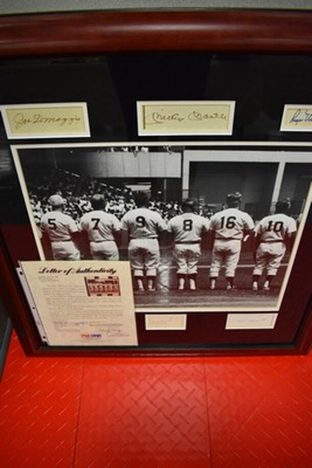 AMAZING! Picture of Hall of Famers Joe DiMaggio, Mickey Mantle, Yogi Berra, Whitey Ford, and Phil Rizzuto with Roger Maris. AUTOGRAPHED by Joe DiMaggio, Mickey Mantle, Yogi Berra, Whitey Ford, and Phil Rizzuto with Roger Maris! Comes With Letter of Authenticity! 28x1x30